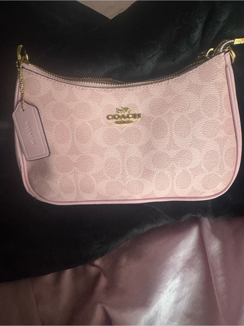 Coach Pink Signature Jacquard Mini Wristlet with Gold Hardware